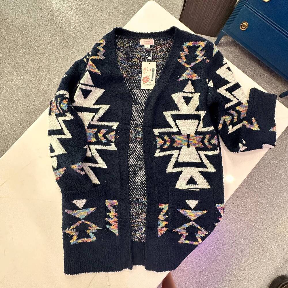 NEW KAMANA women's long aztec open front sweater in navy